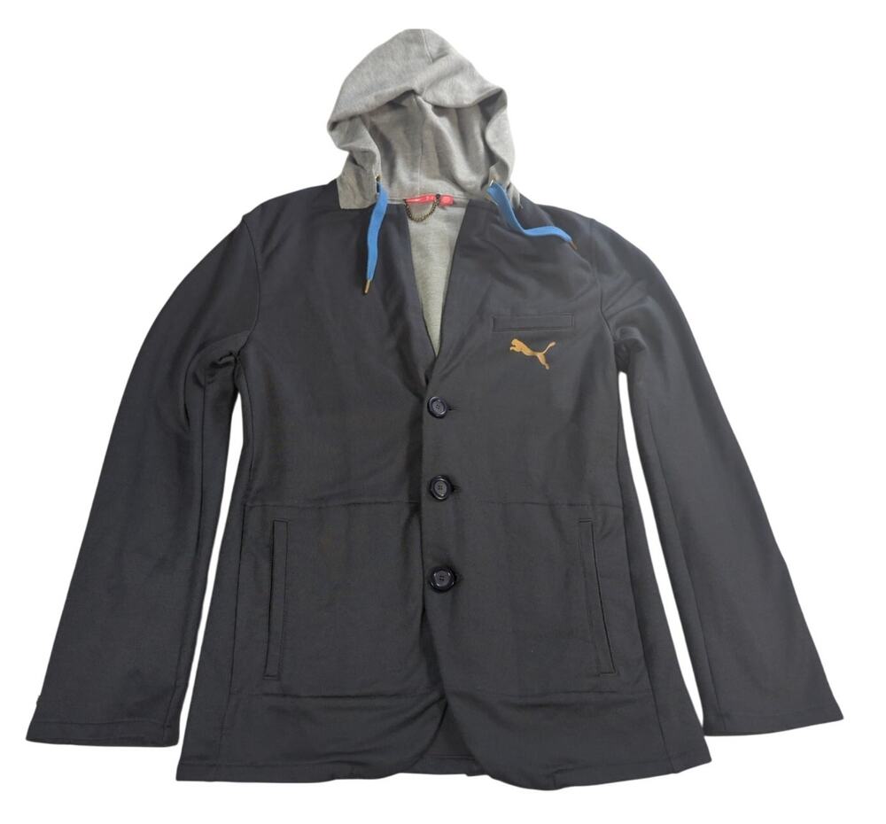Puma Blazer Hoodie Jacket S Black Gray Gold Logo Streetwear Hybrid Casual